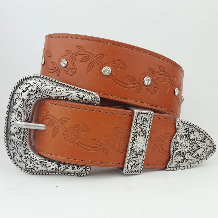 Western Vintage Silver Buckle Set with Floral/Crystal Belt image 0