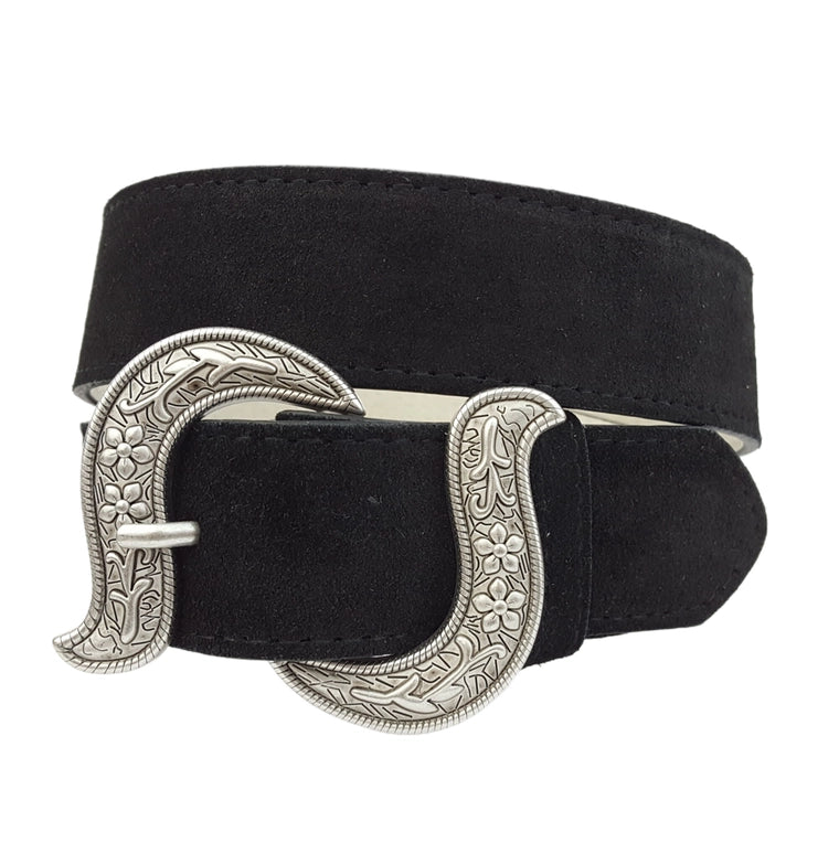 Genuine Cow Suede Leather Belt W. Floral Etched Buckle image 0