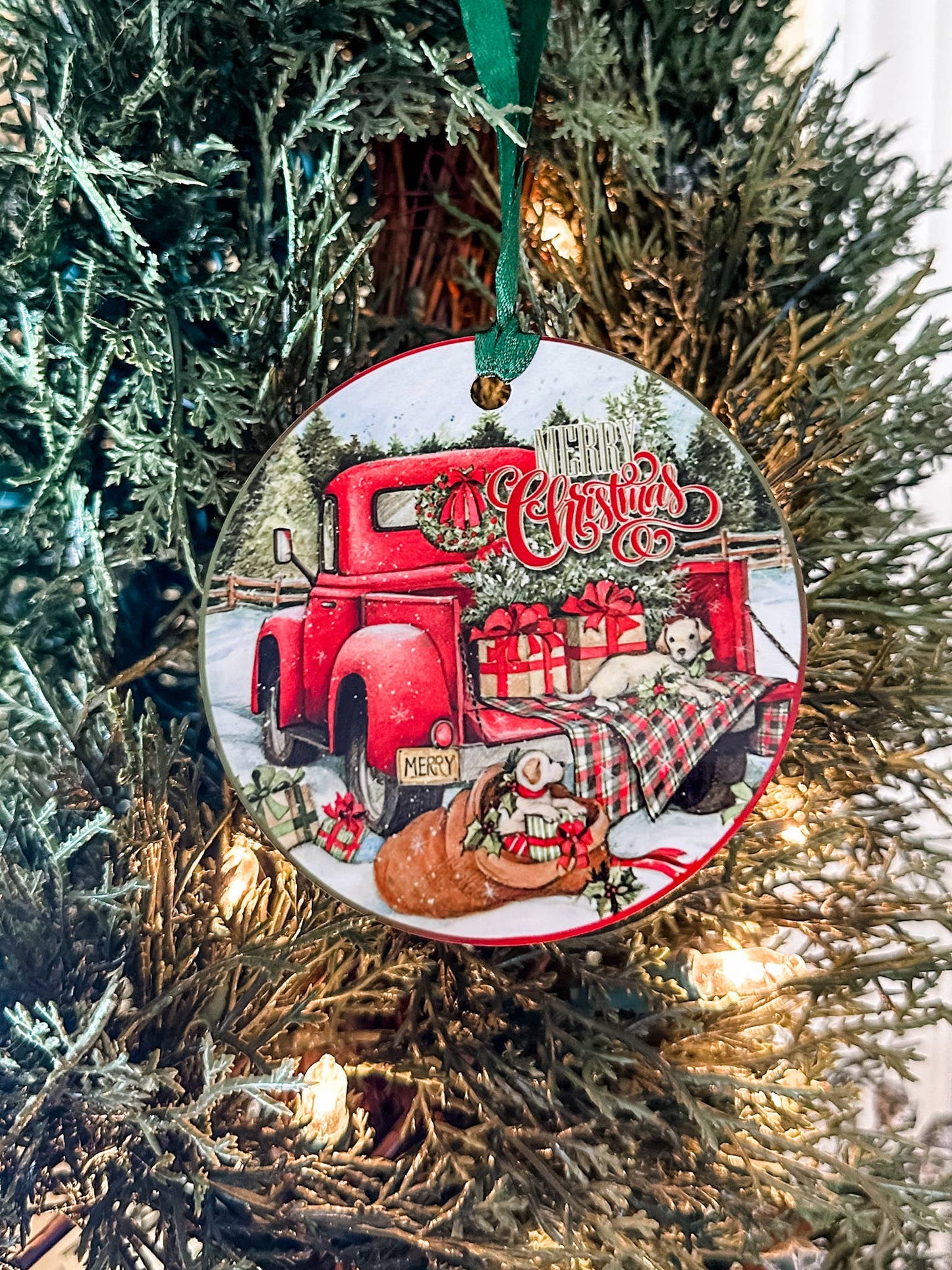 Christmas Ornament - Merry Christmas Red Truck with Puppies