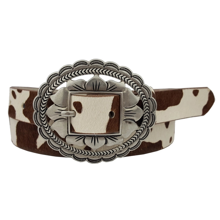Western Oval Floral Etched Buckle W. Genuine Cowhair Leather image 0