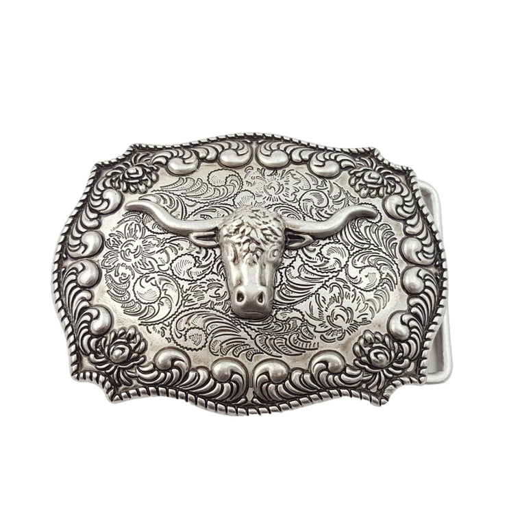 Western Antique Silver Long Horn Design Belt Buckle image 0