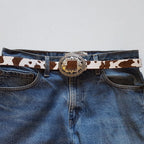 Western Oval Floral Etched Buckle W. Genuine Cowhair Leather image 3