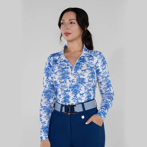 Dapplebay Equestrian Toile 1/4 Zip Light Riding Top - Long Sleeve-Blue/White