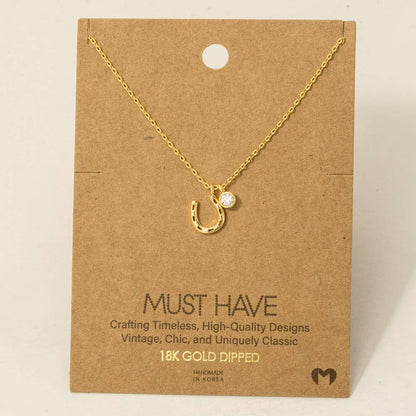 Gold Dipped Horse Shoe And Cz Charm Necklace
