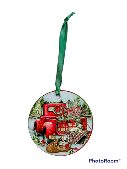Christmas Ornament - Merry Christmas Red Truck with Puppies