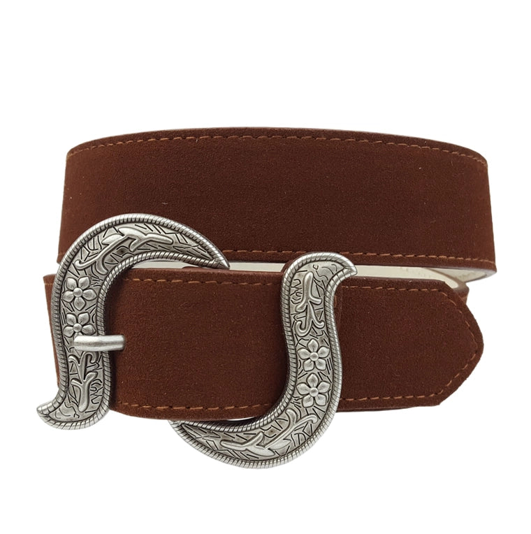 Genuine Cow Suede Leather Belt W. Floral Etched Buckle image 1