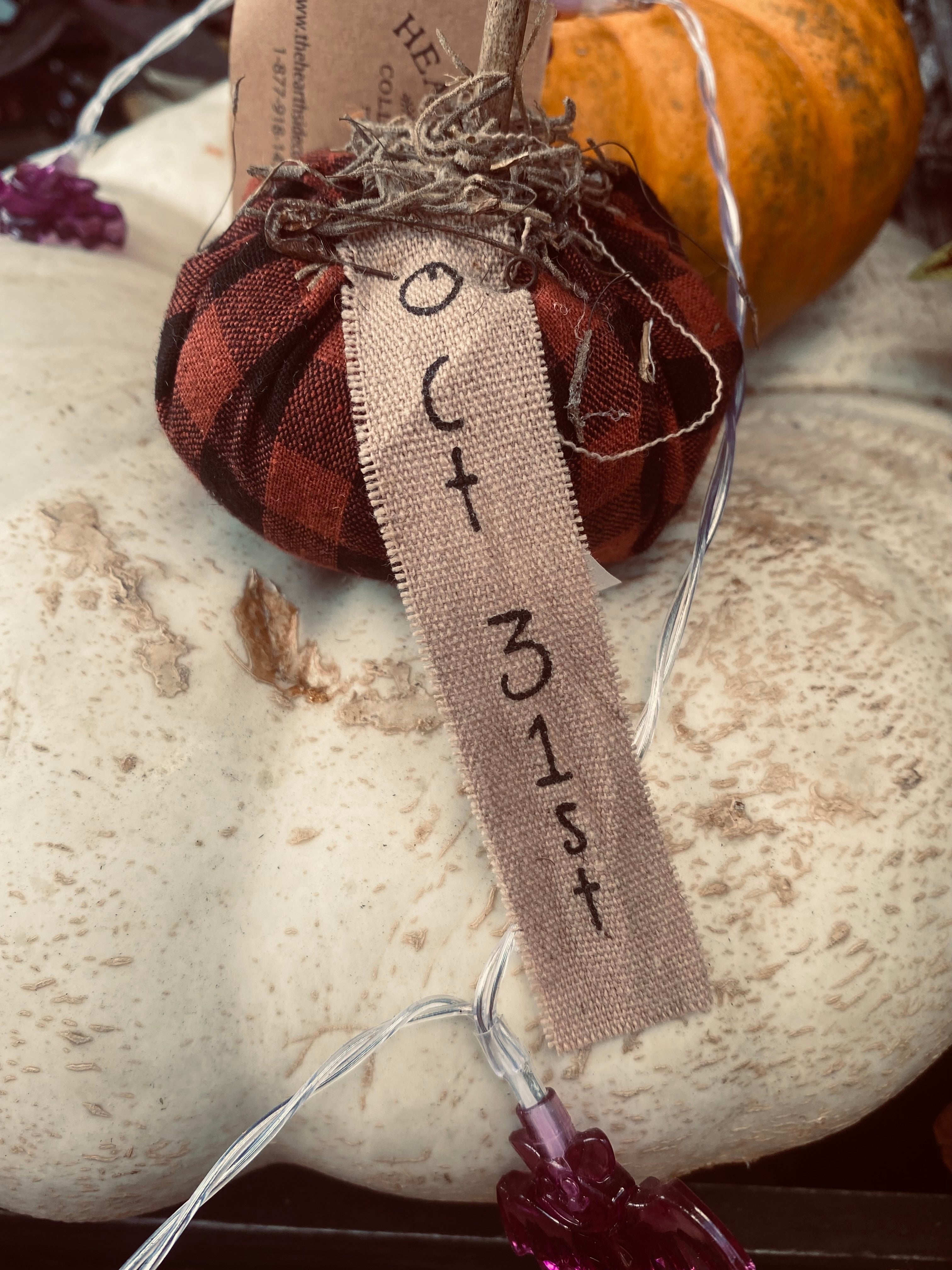 Burnt Orange & Black Stuffed "October 31st" Mini Pumpkin