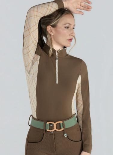 Dapplebay Grace 1/4 Zip LS Riding Top- Chestnut/Spring Plaid