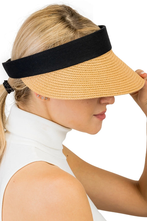 Black Band Paper Straw Velcro Back Roll-Up Sun Visor image 0