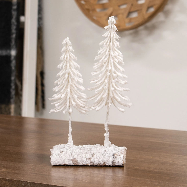 Heavy Flocked White Pine Tree Pair On Log image 0