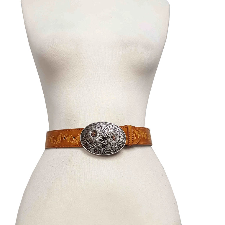 Sunflower Buckle with Vintage Floral Tooled Belt image 3