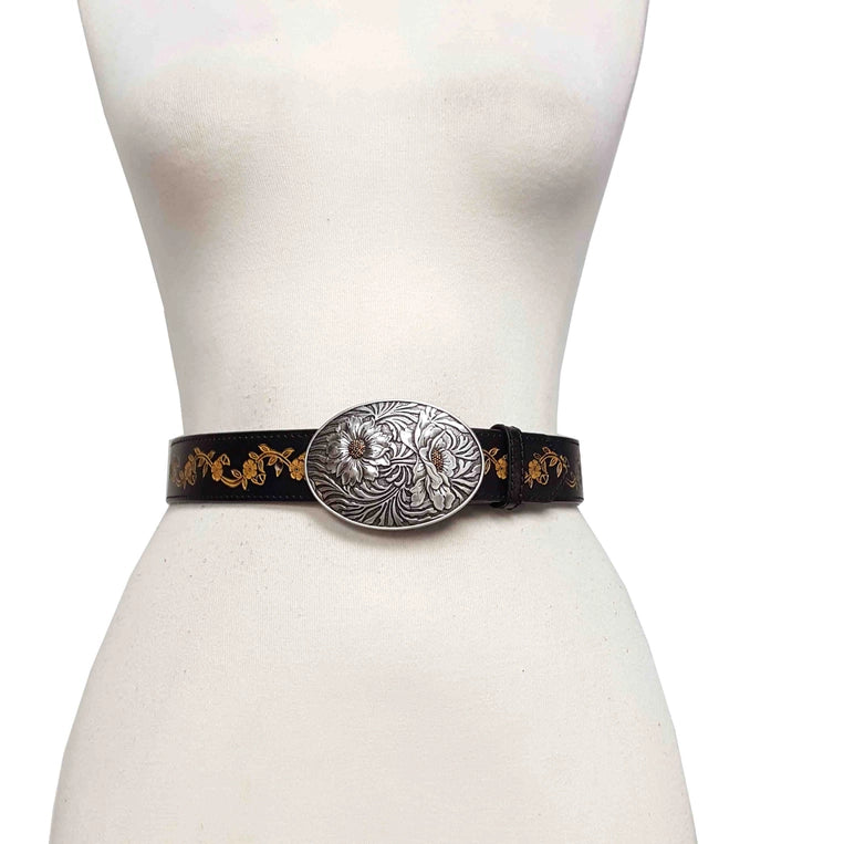 Sunflower Buckle with Vintage Floral Tooled Belt image 1