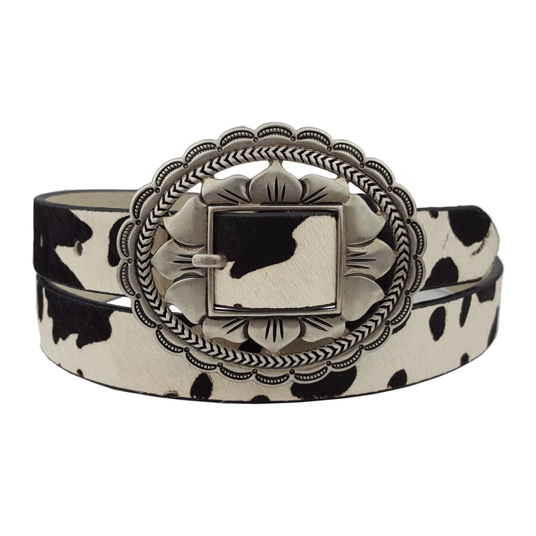 Western Oval Floral Etched Buckle W. Genuine Cowhair Leather image 2